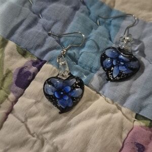Blue Glass Floral Heart Earrings